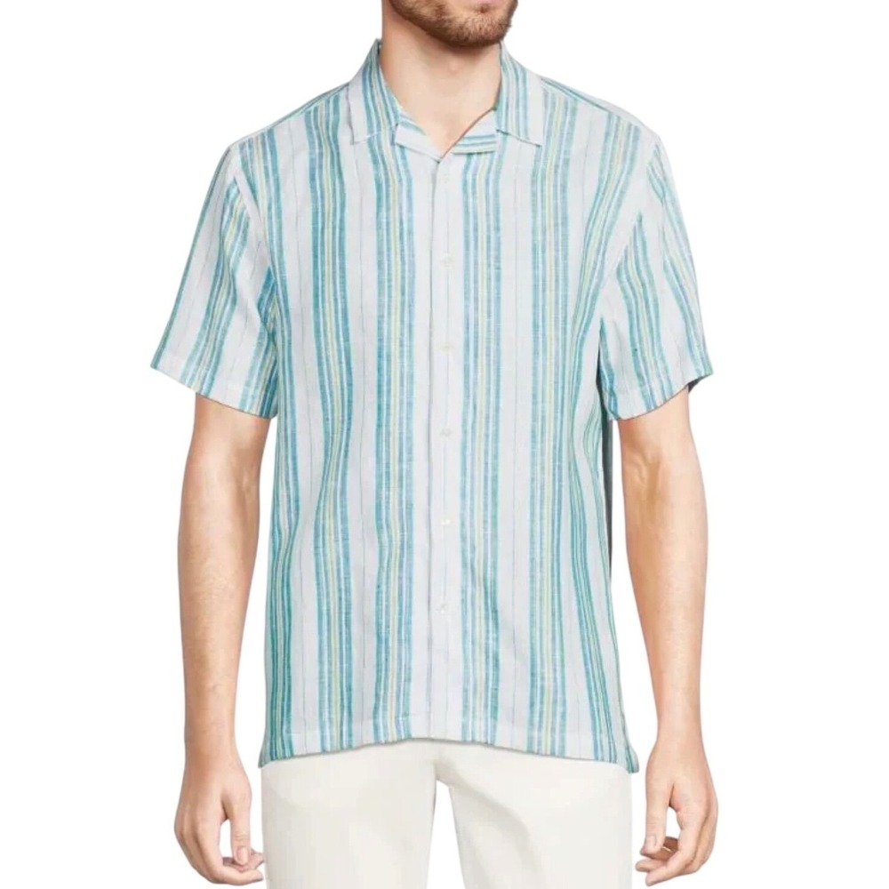 Stitch Note European Linen Striped Short Sleeve Button Up Camp Shirt Mens Medium
